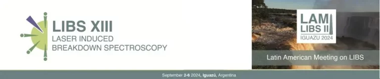 Banner mit grünem und violettem wissenschaftlichen Logo, Text und Landschaftsbild der Iguazú-Wasserfälle.