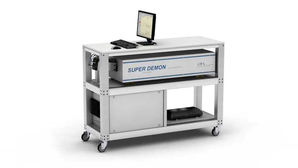 Super DEMON spectrometer from LTB on mobile laboratory table with monitor, keyboard and shelves for laboratory applications.