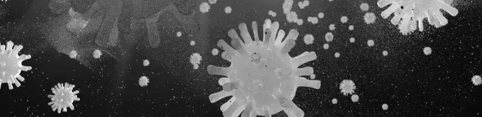 Schwarz-Weiß-Darstellung von Coronavirus-Partikeln in der Luft, die die Ausbreitung und Aerosole während der Pandemie symbolisieren.