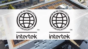Intertek-Zertifizierung nach DIN EN ISO 50001:2018 und 14001:2015 für Energie- und Umweltmanagement.